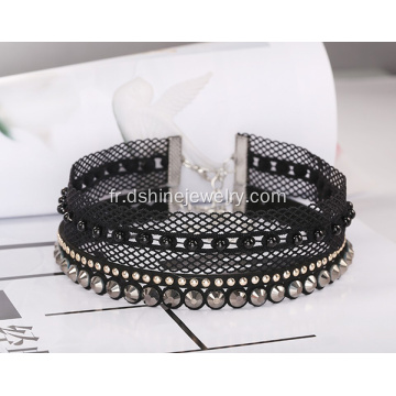 Collier noir dentelle large creux strass perles tour de cou